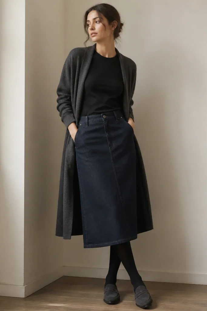 A model wears a charcoal long cardigan worn open over a fitted black crew tee. A dark denim A-line skirt reaches mid-calf, and the outfit includes black tights and dark grey loafers.