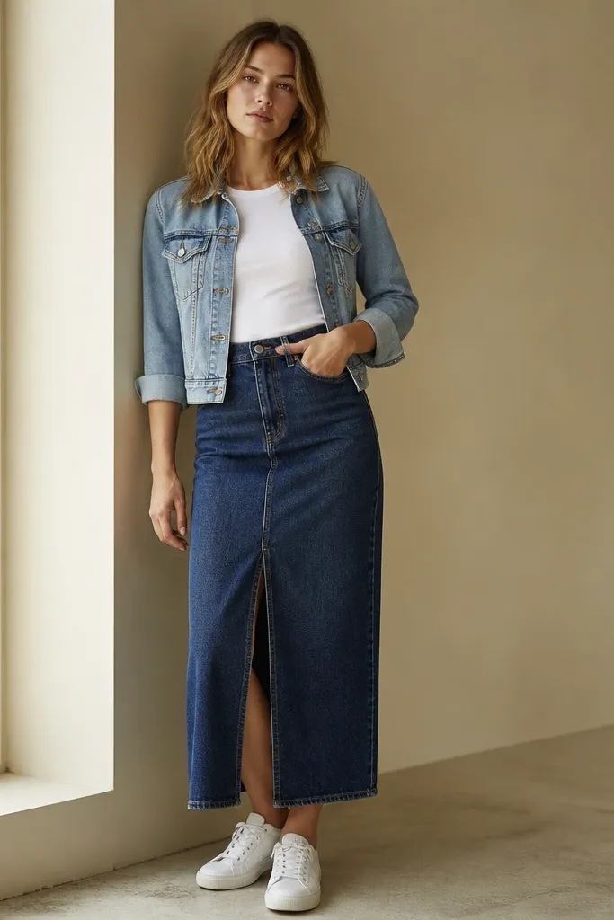 A model wears a lighter indigo denim jacket over a dark indigo denim skirt. The top is a simple white fitted tee tucked in, with the jacket sleeves rolled and the outfit finished with white sneakers.