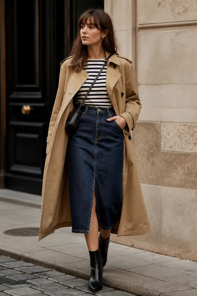 A model wears a camel trench coat worn open over a navy-and-white striped tee. A dark blue denim skirt sits high at the waist, paired with black ankle boots and a small crossbody bag.