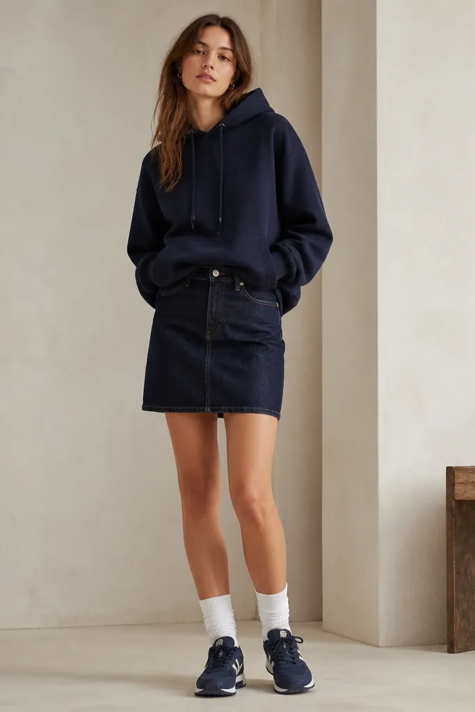 A model wears a navy hoodie tucked slightly at the front into a dark blue denim skirt. The skirt has a straight hem and minimal fading, paired with white crew socks and navy sneakers.