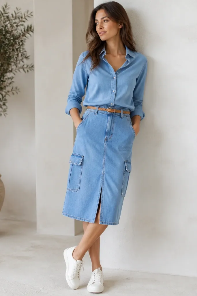 Model wearing a chambray blue button-up slightly lighter than a medium-wash blue denim skirt with storage pockets. Rolled sleeves, white sneakers, and a thin tan belt.