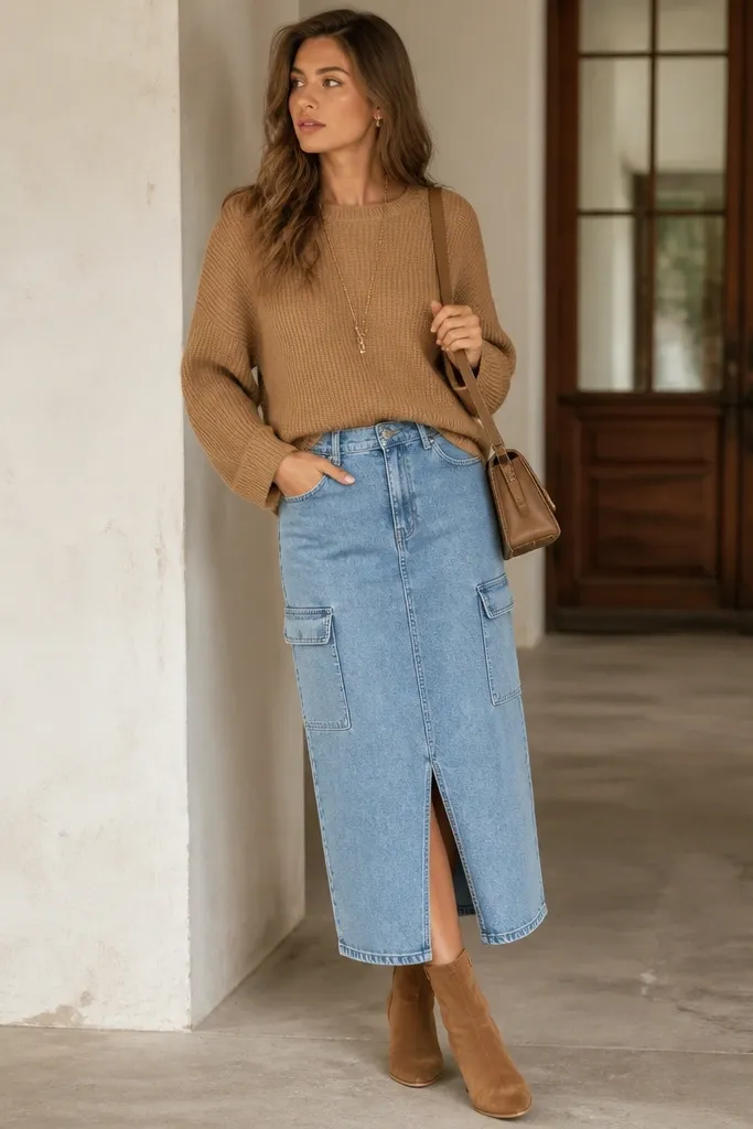 Camel knit sweater worn over a light-blue denim skirt with storage pockets. The model has a long necklace, tan ankle boots, and a small structured shoulder bag.