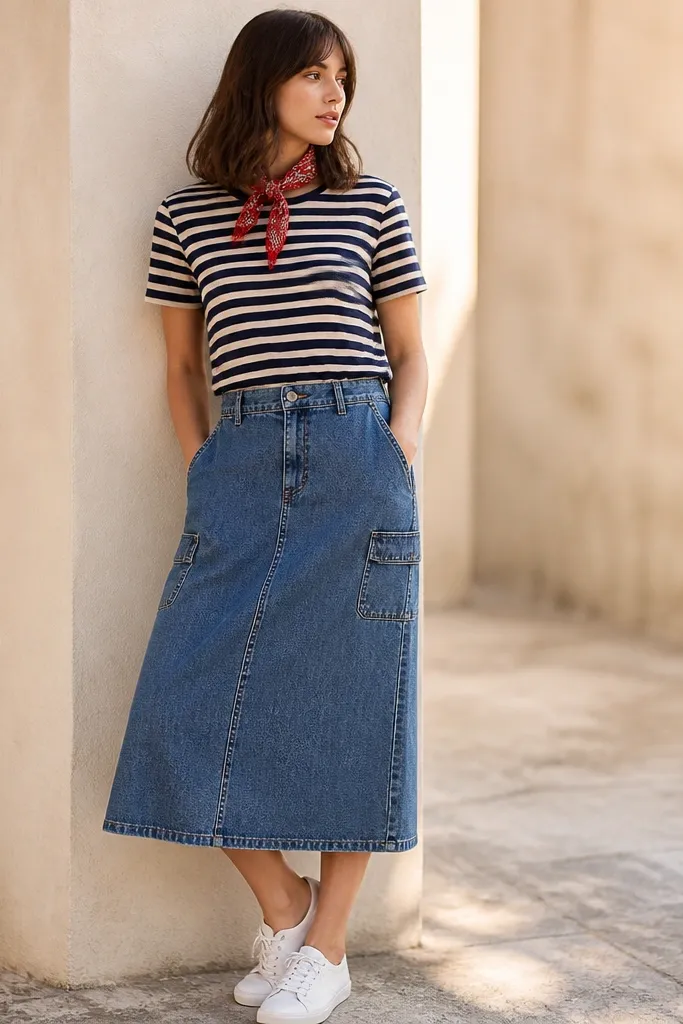 Model in a navy-and-cream striped Breton tee tucked into a medium-wash blue denim skirt with side pockets. The outfit includes white low-top sneakers and a red bandana tied at the neck.