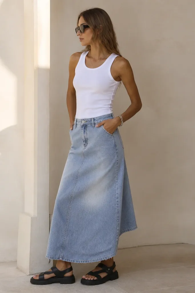 White fitted tank worn with a slightly oversized light-blue denim skirt. The skirt has a subtle inner pocket access seam near the side. Model wears chunky sandals and sunglasses.