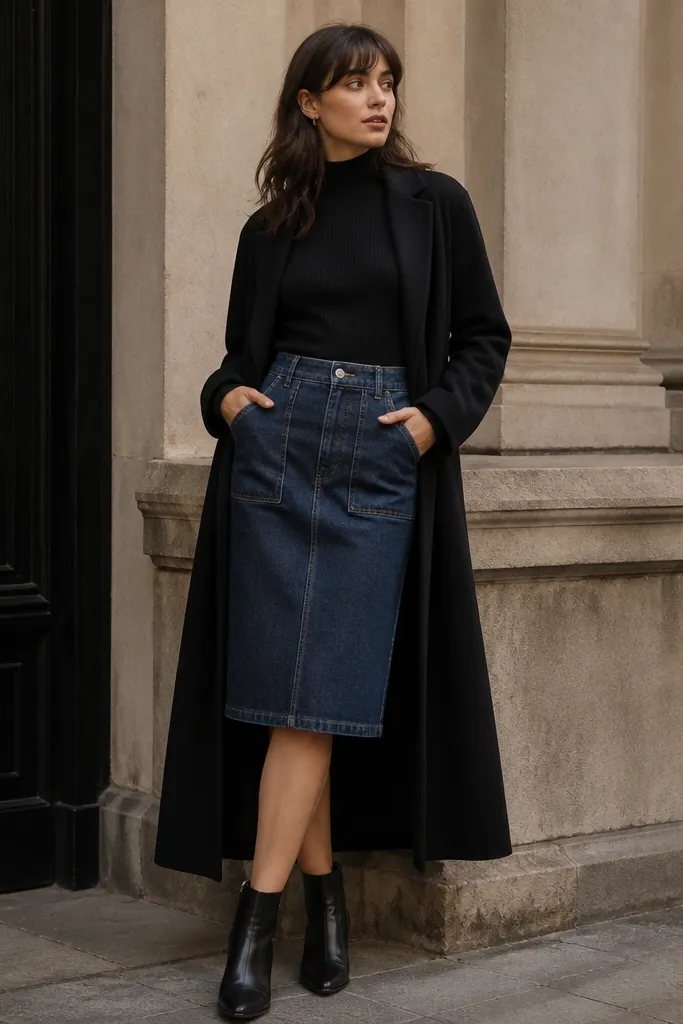 Model in a black ribbed turtleneck tucked into a dark-blue denim skirt with storage pockets. Outfit includes a long black coat, black ankle boots, and small silver earrings.