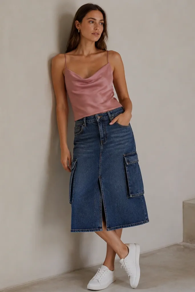 Model wearing a dusty pink satin camisole with thin straps over a medium indigo denim skirt with storage pockets. The model has white sneakers and a small gold hoop earring.