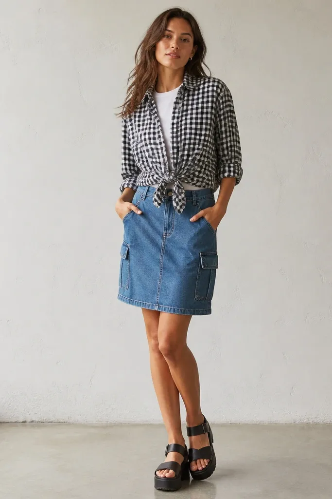 Model wearing a black-and-white check button-up tied at the waist over a blue denim skirt with side pockets. White tee peeks underneath, plus black platform sandals.