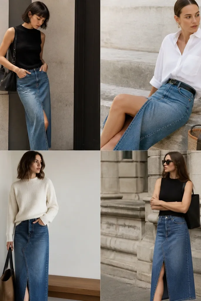 Blue denim skirt outfit ideas with storage