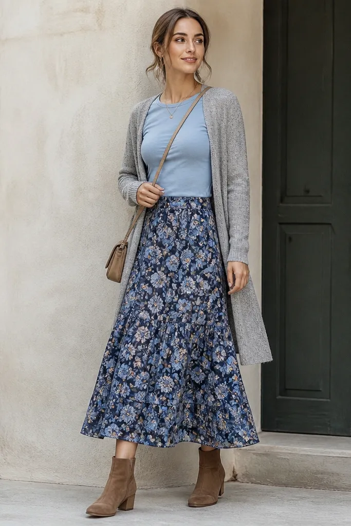 A heather gray cardigan worn open over a fitted light blue long-sleeve top. Underneath is a blue floral skirt with medium-sized flowers, falling to just above the ankle. The model wears tan ankle boots and a small crossbody bag.