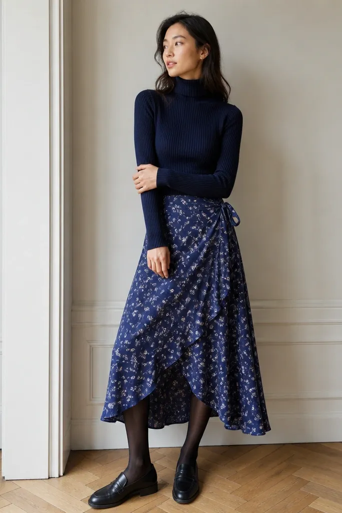 Model in a soft navy ribbed turtleneck tucked into a blue floral wrap skirt with a tie at the side. The skirt has a flowing front and the print includes small white petals. The model wears dark tights and black loafers.