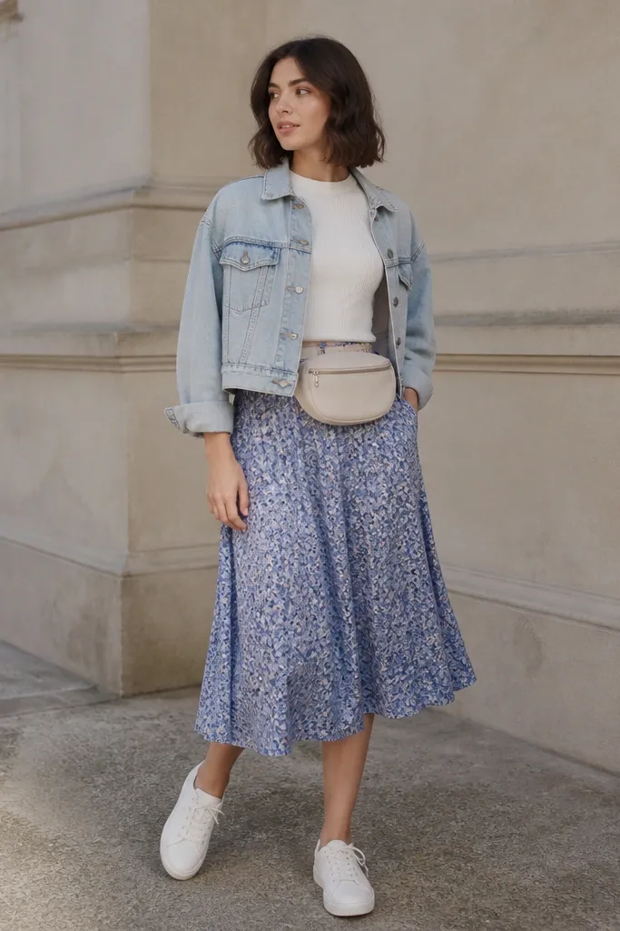 A white thermal long-sleeve shirt under a light-wash cropped denim jacket. The blue floral skirt is at mid-calf with a gathered waist. The model wears white sneakers and a simple belt bag.