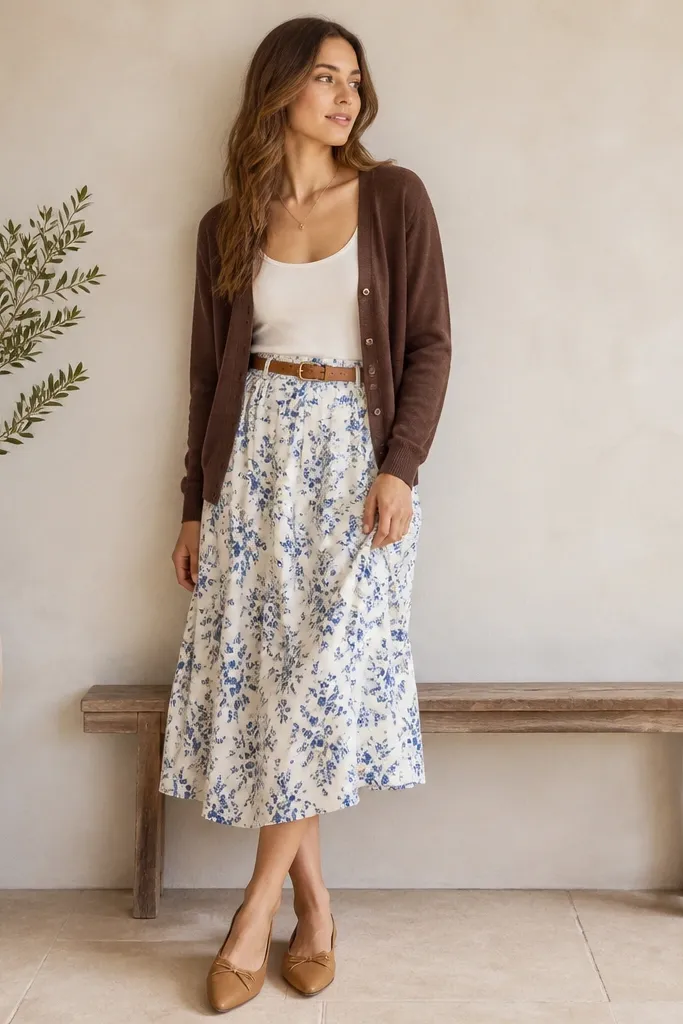 A cocoa brown button cardigan worn open over a cream tank. The blue floral skirt has a mostly white base with blue flowers. The model adds a caramel leather belt and tan flats.