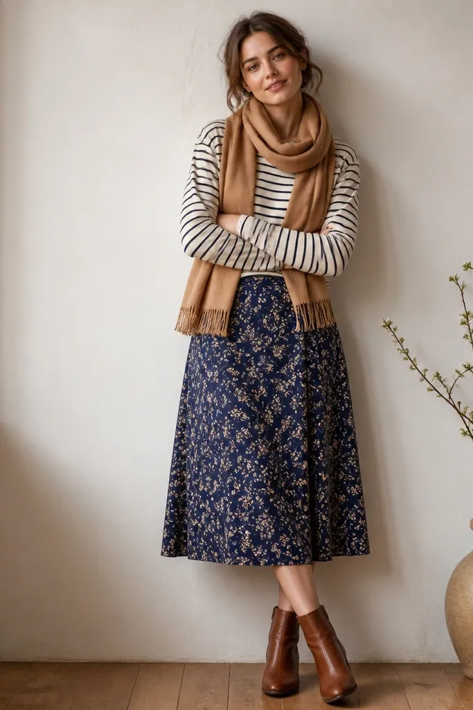 A long-sleeve cream shirt with thin camel and navy horizontal stripes. Over it, a camel scarf is loosely wrapped. The model wears a blue floral skirt to mid-calf and brown ankle boots.