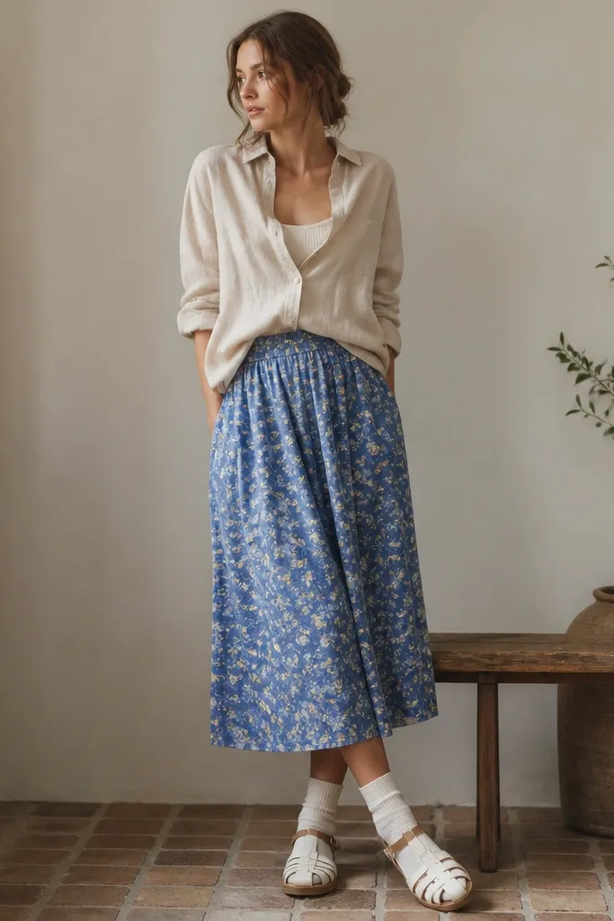 A sand linen button-up shirt worn open at the top with a front half-tuck. Underneath is a cream camisole. The model wears a blue floral skirt with a gathered waist and wears white sandals with socks.