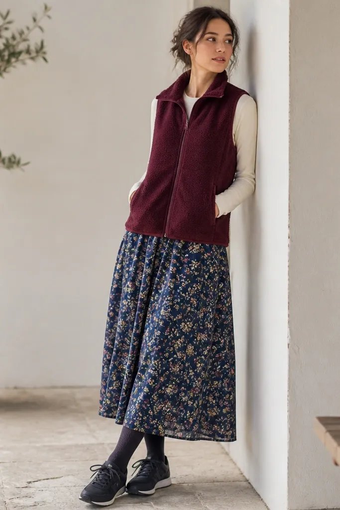 A burgundy sleeveless fleece vest layered over a cream long-sleeve. The model wears a blue floral skirt at ankle length. The look is finished with dark leggings and dark sneakers.