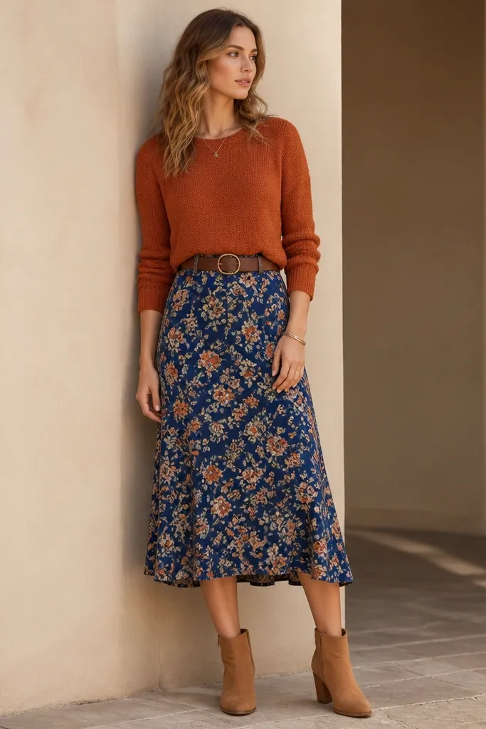 A rust-orange knit sweater tucked into a blue floral skirt with medium flowers and white spacing. The model wears brown belt and tan ankle boots.
