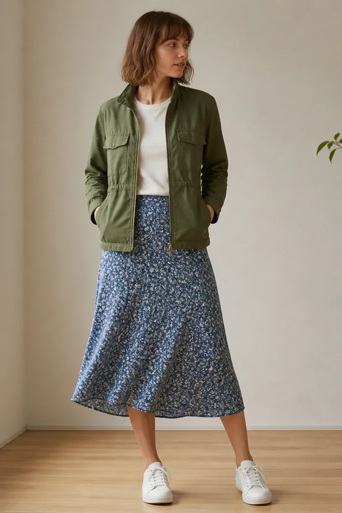 An olive utility jacket with a zip front and patch pockets worn over a cream tee. The model wears a blue floral skirt with a slight flare to mid-calf and white sneakers.