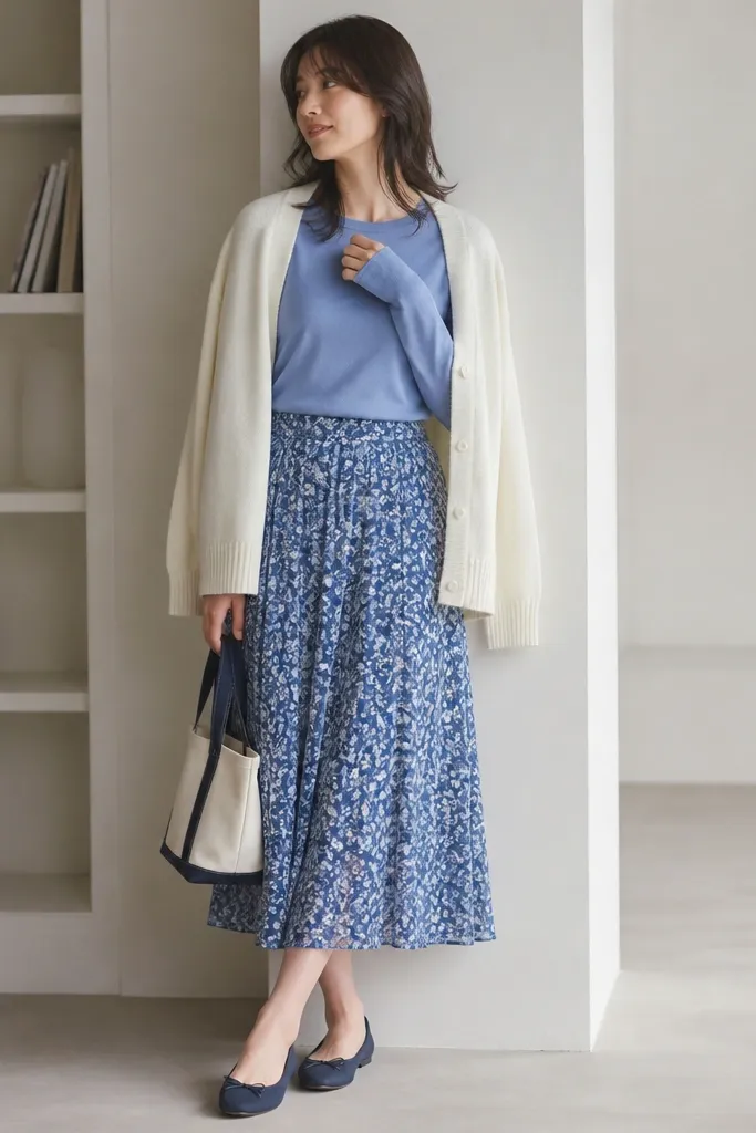 A light-to-mid blue long-sleeve top paired with a blue floral skirt, layered with a soft cream cardigan. The model wears navy flats and holds a small tote.