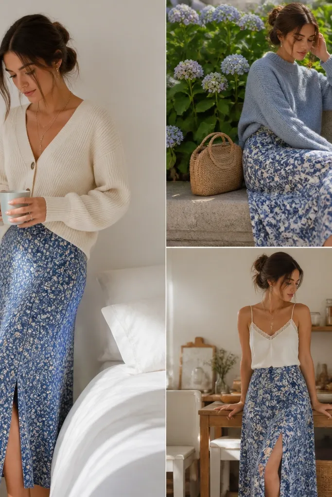Cozy blue floral skirt outfit ideas