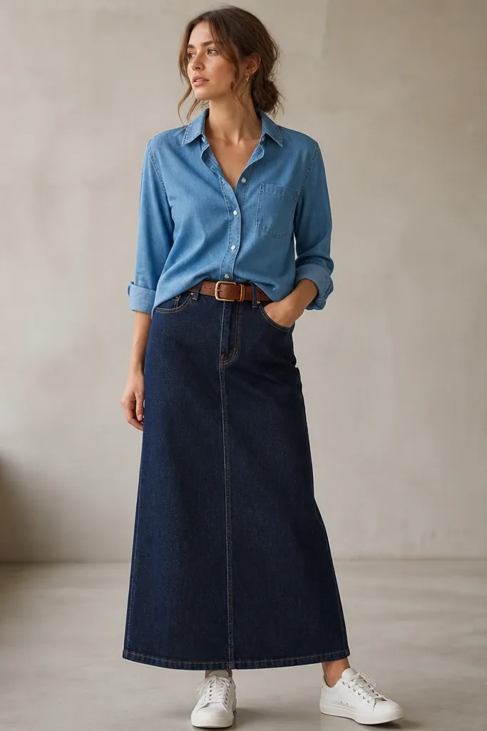A navy long denim skirt with visible stitching and a front seam, styled with a chambray blue button-down worn half-tucked. White low-top sneakers and a brown leather belt are shown.