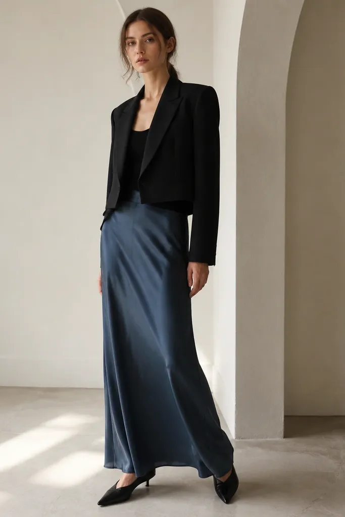 A slate-blue satin long skirt with a subtle sheen and slight bias drape. A black cropped blazer sits at the waist, with a thin black top underneath. The photo shows pointed-toe black flats and a structured shoulder line.
