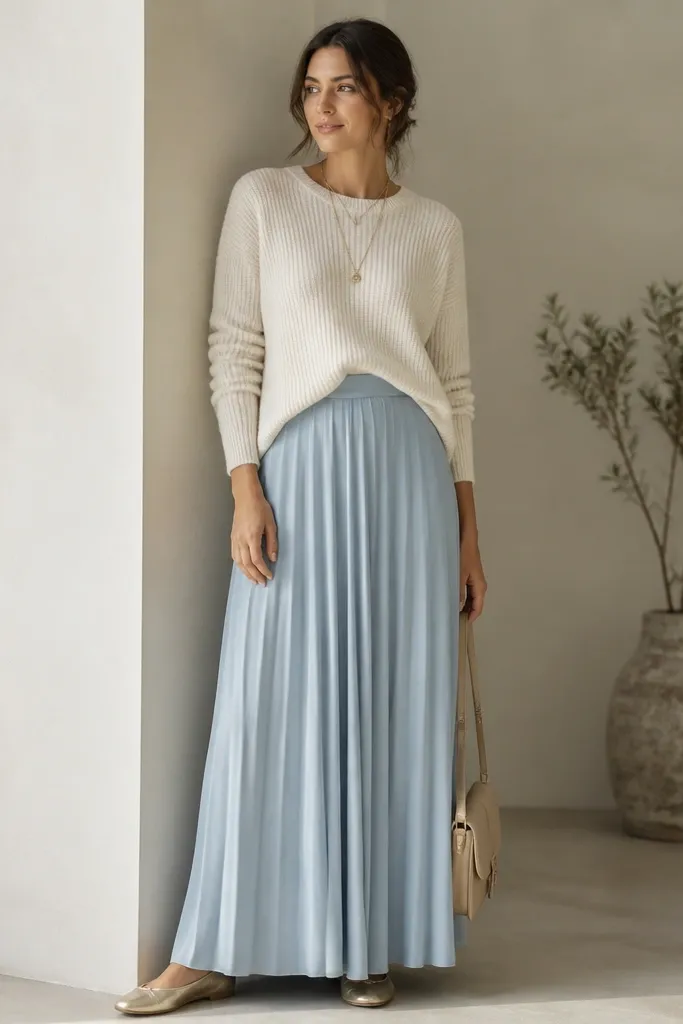 A powder-blue long skirt with soft pleats, styled with a cream knit sweater that's tucked at the front. Metallic gold flats and a simple layered necklace are visible.