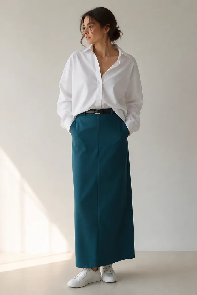 A teal-blue long skirt with a straight cut, worn with a white oversized button-down. The shirt is tucked in front and cinched with a thin black belt. The shoes are white sneakers.