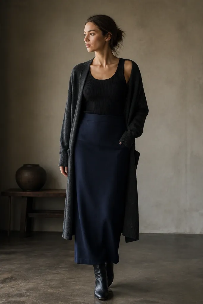 A midnight-blue long skirt with a column silhouette, paired with a black ribbed tank. A long cardigan in charcoal drapes over the top, and black ankle boots are visible.