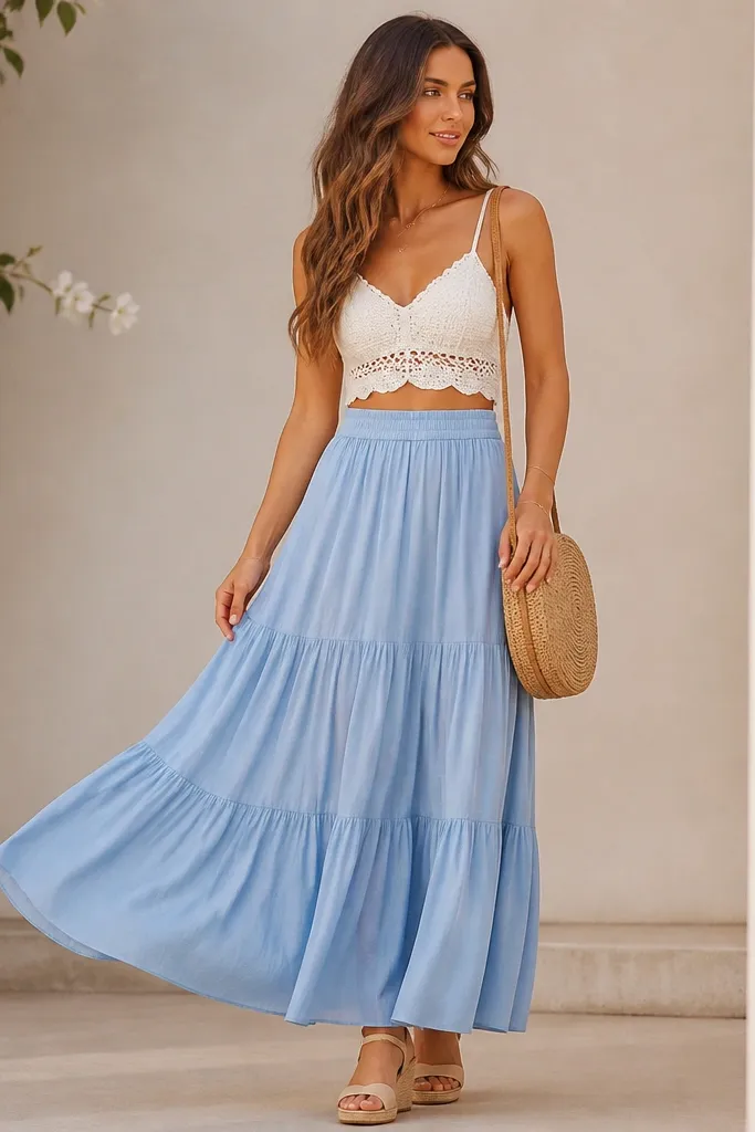 A sky-blue long maxi skirt with a light, airy flow, styled with a white crochet crop top. Nude wedge sandals and a straw crossbody bag are shown.