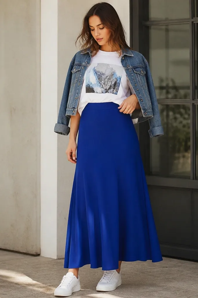 A royal-blue long skirt with a slight flare, paired with a white graphic tee tucked at the front. A cropped blue denim jacket sits over the shoulders, and white sneakers are visible.