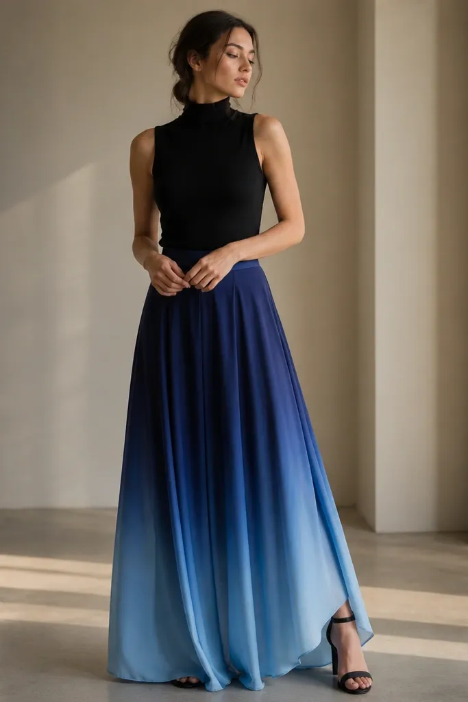 An ombre blue long skirt transitioning from deep navy to lighter blue at the hem. It's paired with a black sleeveless turtleneck top and black block-heel sandals.