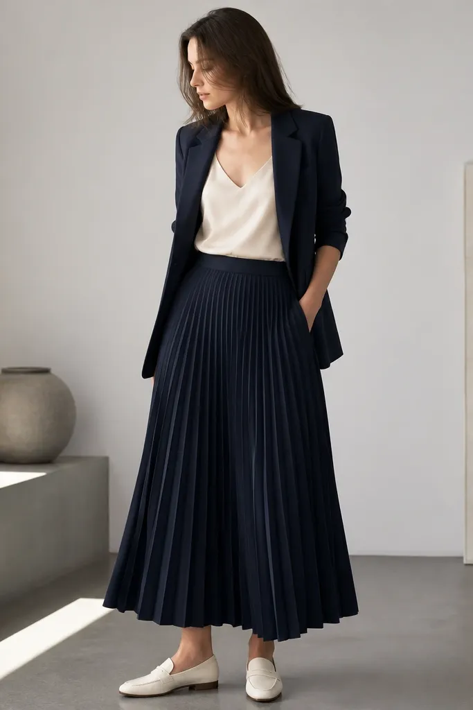 A navy pleated long skirt with crisp folds. A cream camisole is tucked in and a navy blazer is worn open. The shoes are cream loafers.