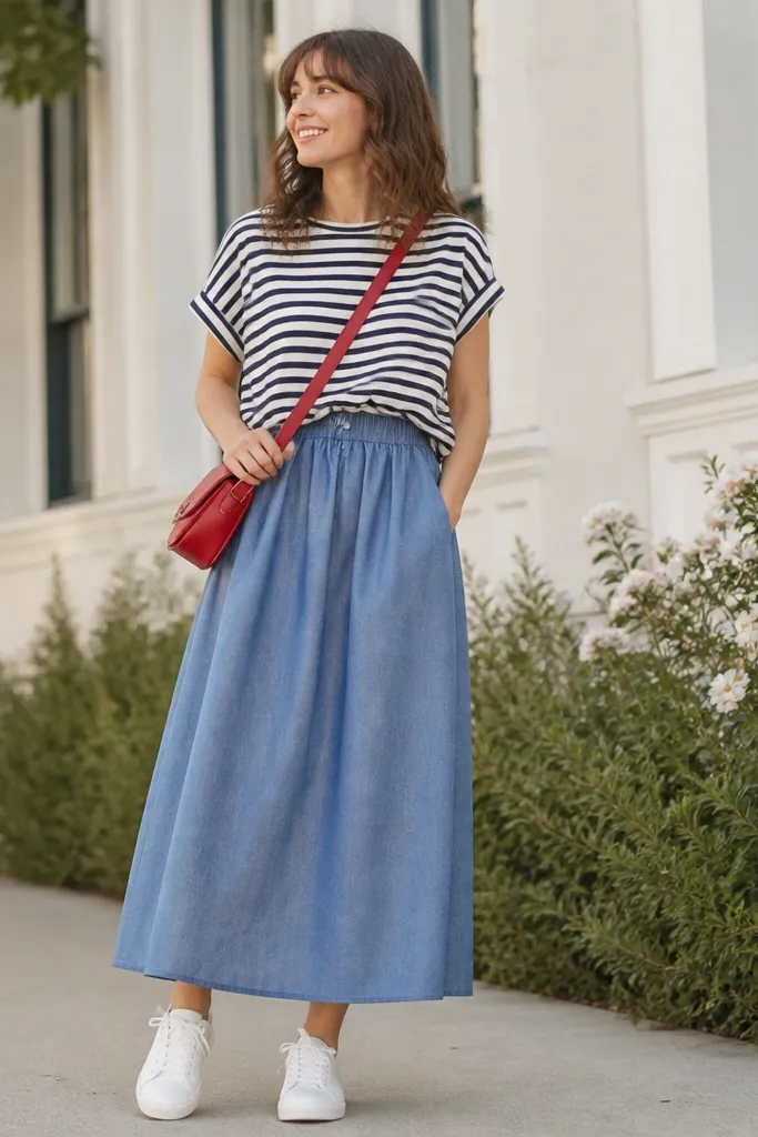 A chambray-blue long skirt with a gathered waist, styled with a navy-and-white striped tee tucked at the front. A red crossbody bag and white sneakers are visible.