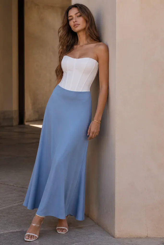 A cornflower-blue long skirt with a smooth waistband, paired with a white corset-style top with boning seams. The outfit includes strappy heels and a delicate gold bracelet.