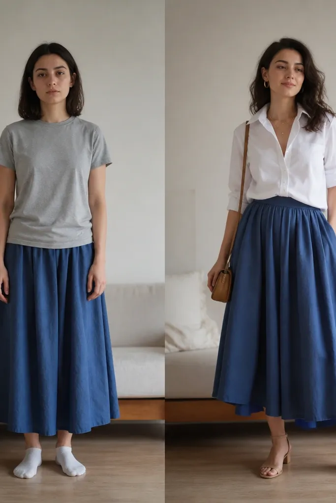 Before and after blue long skirt outfit transformation