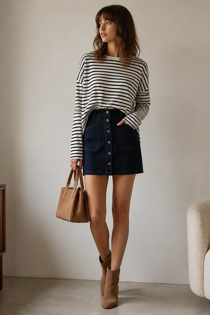 A dark navy denim mini skirt with visible stitching and a button front. The top is a classic black-and-white striped long-sleeve shirt worn loose but tucked in at the front. Tan suede ankle boots and a small structured tote sit across the frame.