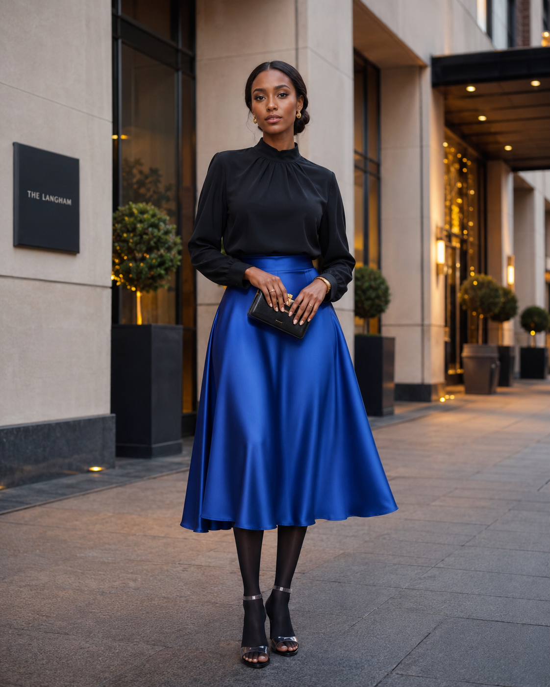 A glossy blue satin mini skirt with a slight sheen. The top is a black halter-style bodysuit. The model wears clear strap heels and a black clutch. The pose highlights the skirt's shine as it catches light.