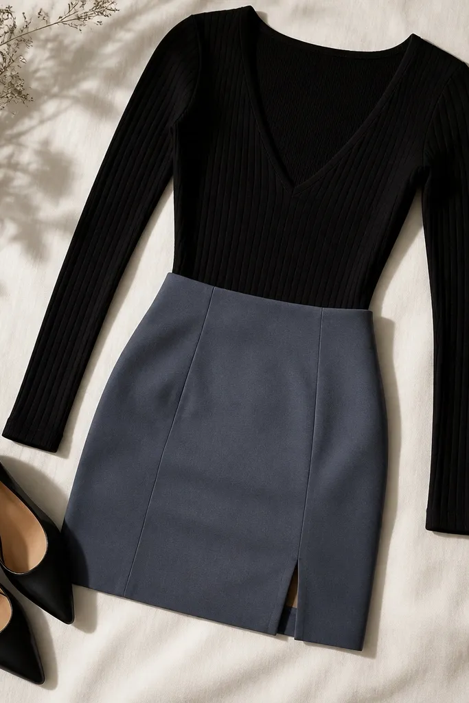 A slate-blue mini skirt paired with a black ribbed bodysuit tucked tightly at the waist; black pointed-toe flats sit beside the outfit.