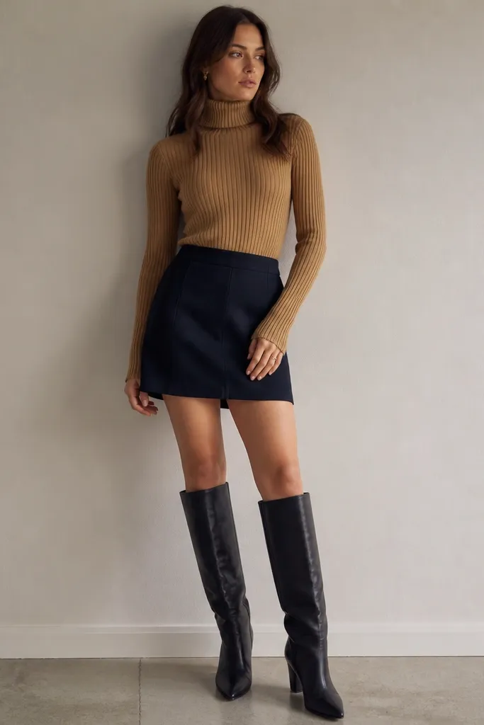 A dark navy mini skirt styled with a camel ribbed turtleneck sweater and black knee-high boots; the background is a neutral wall.