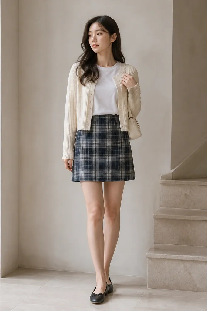 A cream cropped cardigan worn over a plain white top, with the top front tucked into a blue plaid skirt. The cardigan buttons are left open. Black flats and a small cream shoulder bag.