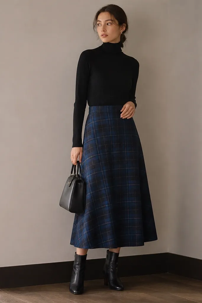 A fitted black turtleneck tucked into a mid-calf blue plaid skirt. Black leather ankle boots and a black structured bag. The photo shows the skirt hem and boot shaft clearly.