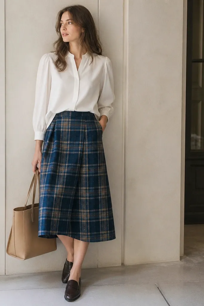 A white blouse with a slight puff sleeve, worn with a side tuck into a blue plaid skirt. The blouse has a soft sheen in the fabric but is not shiny. The model wears loafers and a tan tote.