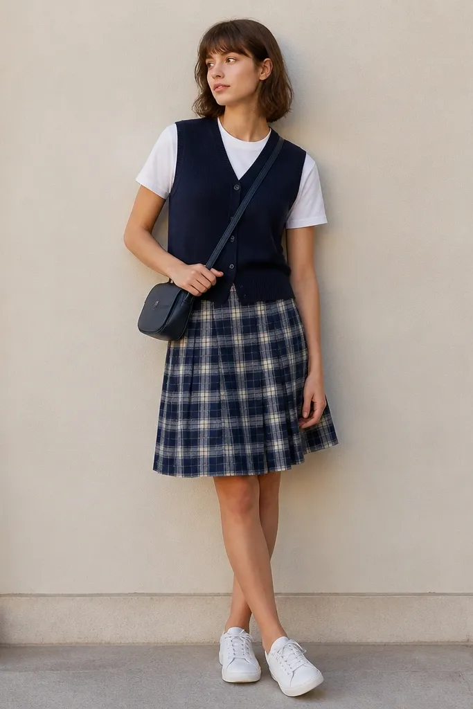 A navy sweater vest layered over a white crew tee, both worn over a knee-length blue plaid skirt. The vest is buttoned in the middle. White sneakers and a small navy crossbody.