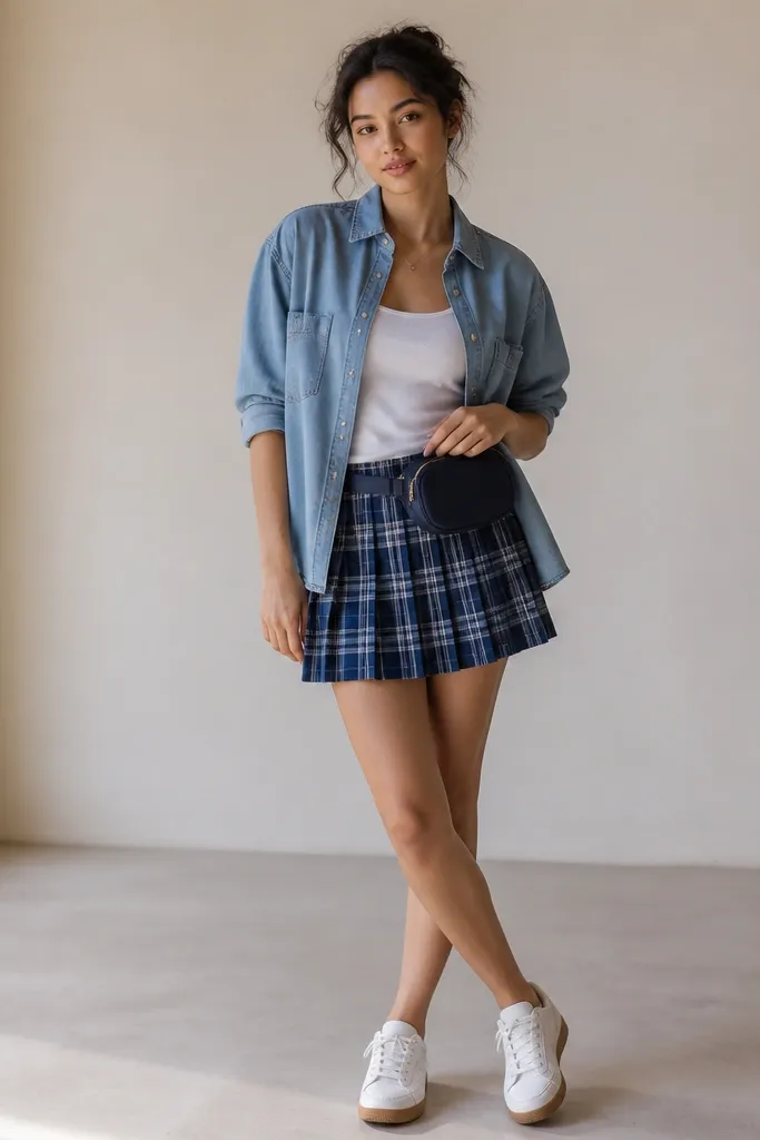 A chambray blue shirt worn half-buttoned over a white tank, with a small belt bag worn at the waist. The belt bag sits over the top edge of a blue plaid skirt. The model wears white sneakers.