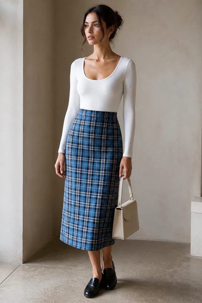 A fitted white bodysuit tucked into a mid-calf blue plaid skirt. The bodysuit has a scoop neckline and smooth fabric. The model wears black loafers and a structured cream bag.