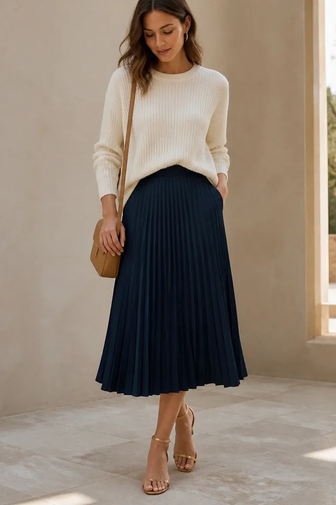 A navy blue pleated skirt worn with a cream ribbed knit sweater tucked at the front; gold strappy sandals and a small tan crossbody bag. The sweater shows ribbing clearly.