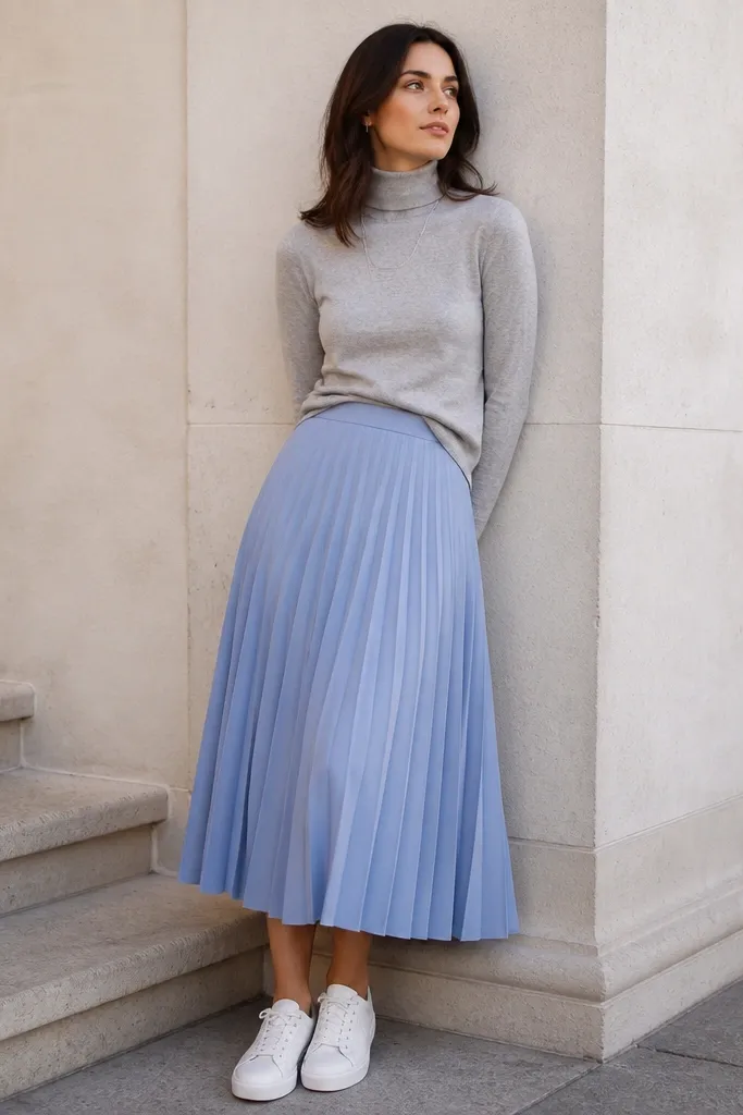 Powder blue pleated skirt paired with a light gray fitted turtleneck; white low-top sneakers; a thin silver necklace. The turtleneck is tucked slightly at the front.