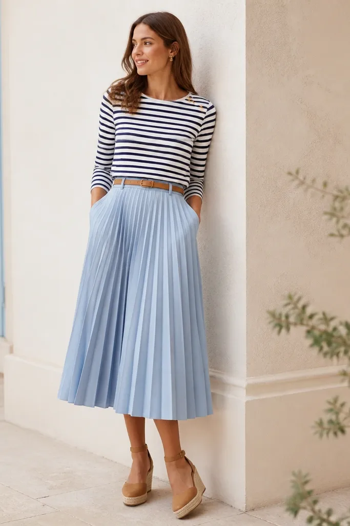 A sky blue pleated skirt styled with a navy-and-white striped Breton top tucked in; a tan belt; tan espadrille wedges. Small gold buttons on the top are visible.