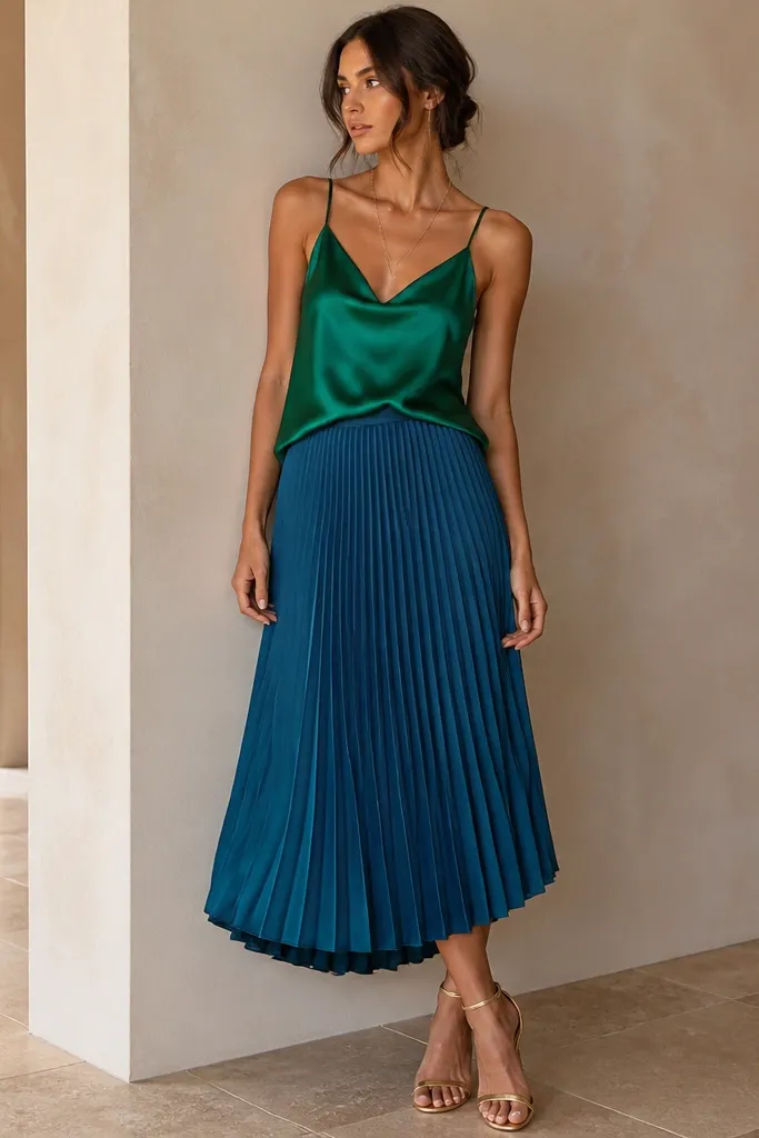 A teal-blue pleated skirt with a glossy emerald satin camisole; the camisole is lightly tucked at the front. The outfit includes a thin gold chain and strappy heels.
