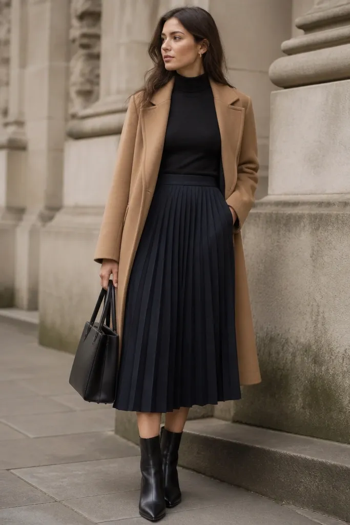 A navy pleated skirt under a camel overcoat; a black fitted turtleneck is tucked in. Black leather ankle boots and a black structured handbag sit at the side.